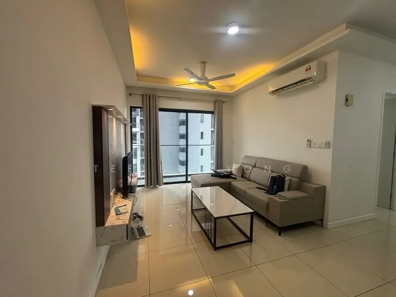 Living features: 3-seater fabric sofa in light grey, glass coffee table with black metal frame, wall-mounted TV, TV console with wooden finish, floor-to-ceiling windows, curtains, ceiling fan with light, wall-mounted air conditioning unit, glossy tile flooring, neutral painted walls, recessed ceiling lights; style: modern.