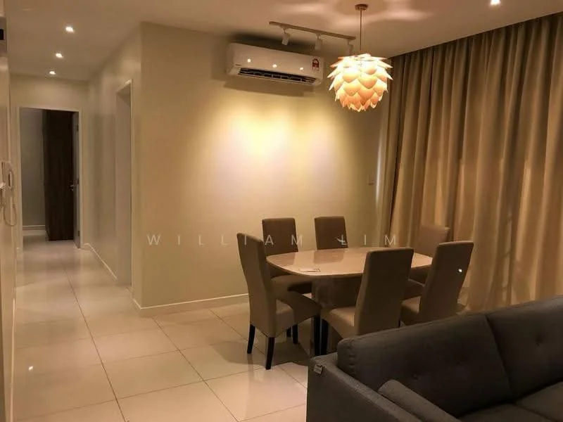 Dining features: 6-seater dining table, upholstered dining chairs, pendant lamp, wall-mounted split AC, cream painted walls, glossy tile flooring, curtains, recessed lighting; style: modern. Hallway features: cream painted walls, glossy tile flooring, recessed lighting, wooden door; style: modern.