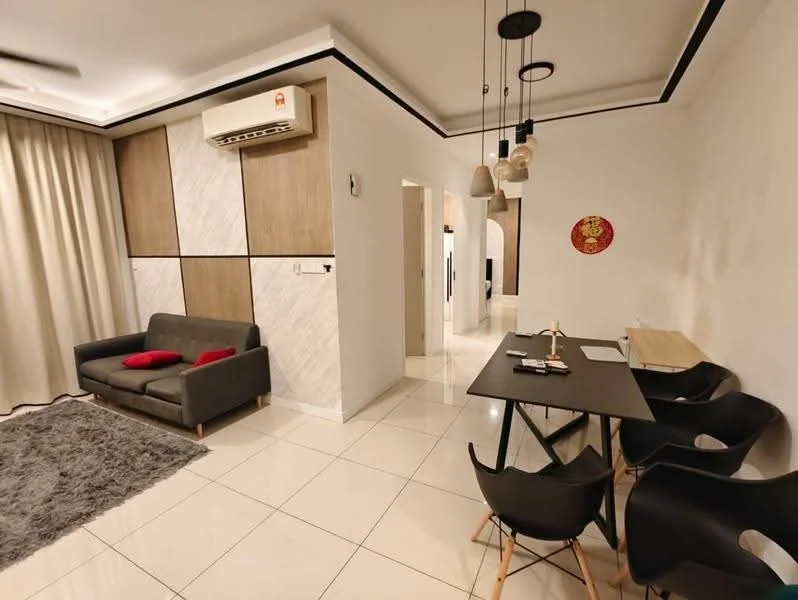 Living features: grey fabric sofa, red accent cushions, area rug with geometric pattern, white painted walls, wood panel accent wall, marble tile flooring, recessed ceiling lights, ceiling-mounted air conditioning unit, hanging pendant lights, black dining table, 4 black dining chairs; style: modern.