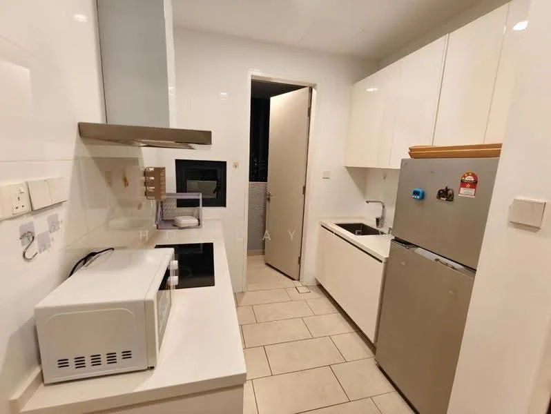 Kitchen features: white cabinetry, stainless-steel fridge, built-in oven, microwave, single-bowl stainless-steel sink, chrome pull-down faucet, ceramic tile flooring, white tiled backsplash, countertop with wooden edge, wall-mounted range hood, recessed downlights, door leading to hallway; style: modern.