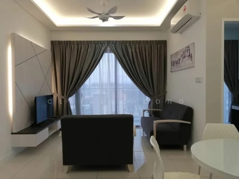 Living features: grey fabric sofa, white coffee table, wall-mounted TV, TV console with storage, floor-to-ceiling windows, sheer curtains, blackout curtains, recessed ceiling lights, ceiling fan, light-colored walls, glossy tile flooring, decorative wall panel; style: modern; view: city.