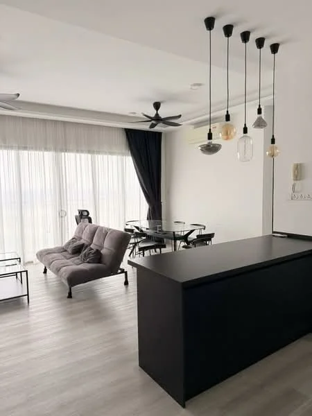 Living features: grey fabric sofa, glass dining table, 4 dining chairs, black kitchen island, pendant lighting with multiple bulbs, ceiling fan, floor-to-ceiling windows, sheer curtains, wooden flooring, decorative wall, open layout; style: modern; view: city.