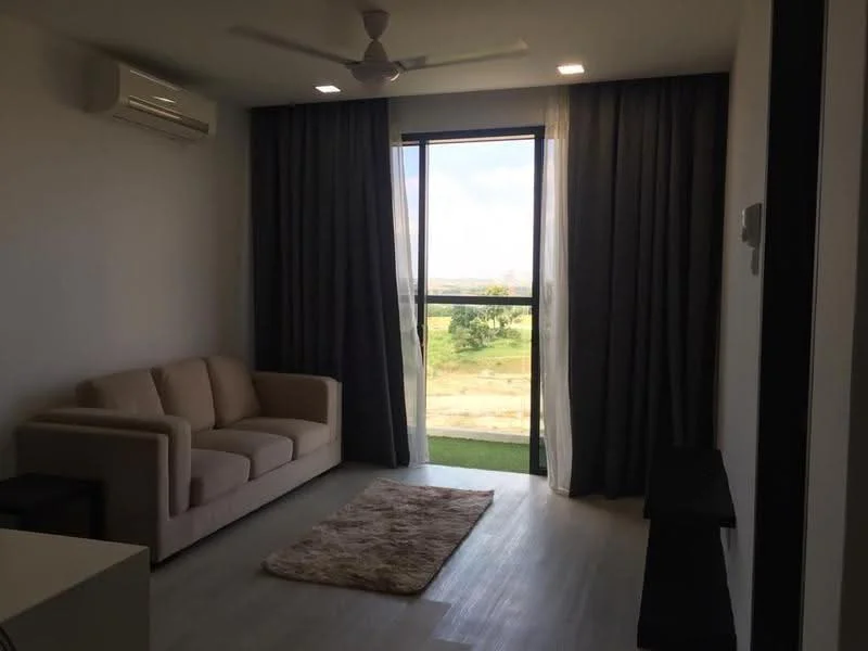 Living features: 3-seater fabric sofa in beige, floor-to-ceiling windows, sheer curtains, blackout curtains, 1 wall-mounted split AC, ceiling fan, light wood flooring, area rug with neutral color, TV console, wall-mounted TV, decorative wall panel; style: modern; view: garden.
