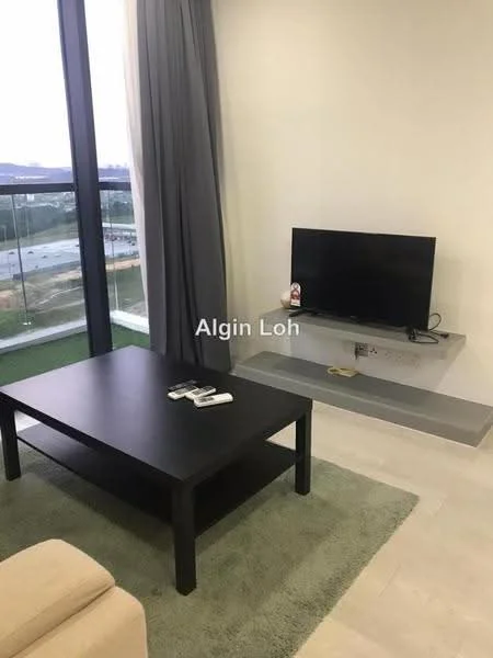 Living features: black coffee table, beige sofa, wall-mounted TV, floating TV console, light grey area rug, floor-to-ceiling windows, curtains, neutral wall color, light-colored flooring; style: modern; view: city.