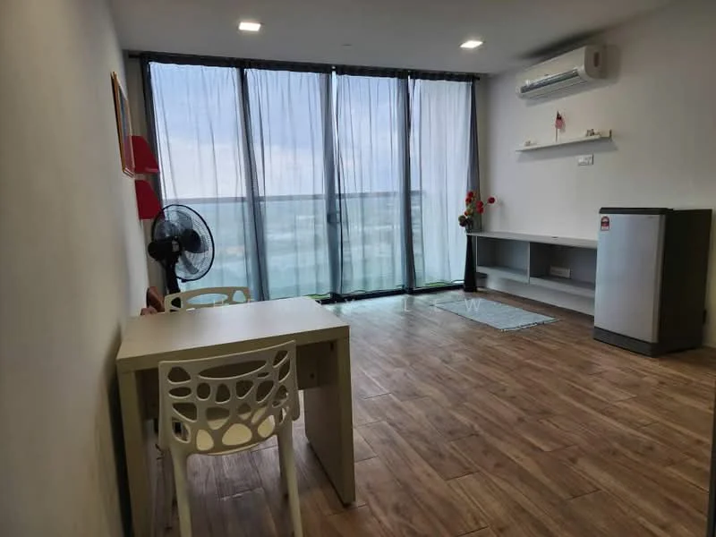 Living features: wooden flooring, white painted walls, floor-to-ceiling windows, sheer curtains, 1 wall-mounted split AC, ceiling fan, small table with 2 chairs, decorative wall shelf, fridge, decorative flowers; style: modern; view: city.