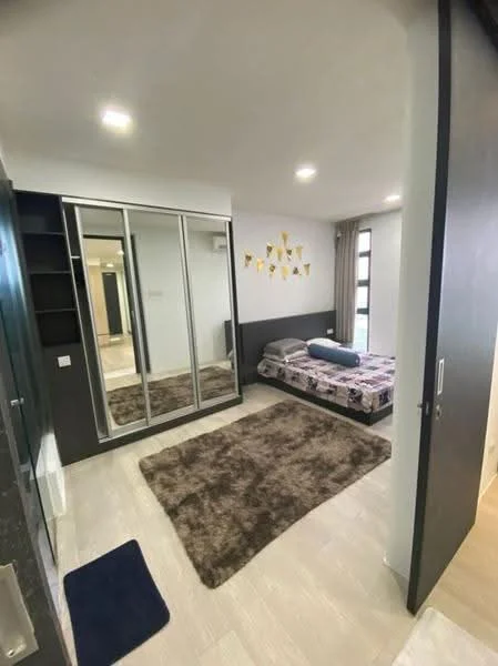 Bedroom features: queen-size bed, upholstered headboard, built-in wardrobe with sliding doors, area rug with geometric pattern, wall-mounted artwork, floor-to-ceiling windows, curtains, light-colored walls, recessed downlights, laminate flooring; style: modern.