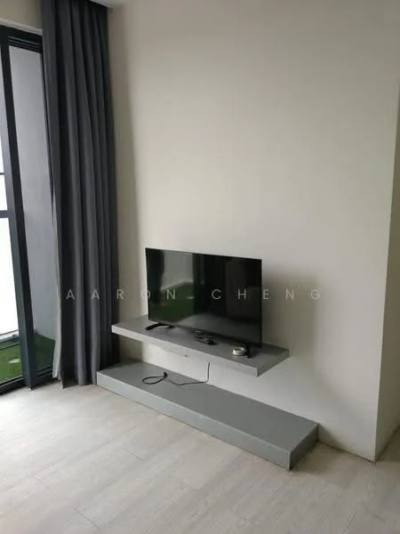 Living features: wall-mounted TV, grey floating TV console, light-colored wall, floor-to-ceiling windows, sheer curtains, light wood flooring, green view from window, minimalist decor; style: modern; view: garden.