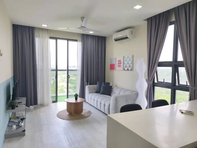 Living features: 3-seater fabric sofa in light grey, round coffee table, TV console, wall-mounted TV, floor-to-ceiling windows, sheer curtains, grey curtains, ceiling fan, recessed LED downlights, decorative floor lamp, area rug, light wood flooring; style: modern; view: city.