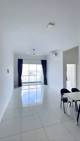 Living features: white painted walls, glossy white tile flooring, 5-blade ceiling fan with light, floor-to-ceiling windows, blackout curtains, air conditioning unit, dining table with four chairs, natural light from windows; style: modern; view: city.