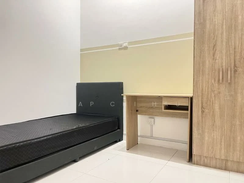Bedroom features: single bed with mattress, wooden desk, built-in wardrobe, white painted walls, cream accent wall, tile flooring, window with no visible treatment, light fixture on ceiling; style: minimalist.