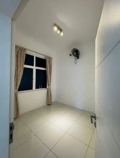 Room features: white painted walls, tile flooring, floor-to-ceiling window, curtains, wall-mounted ceiling fan, recessed downlights.