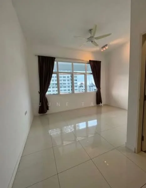 Room features: white painted walls, glossy ceramic tile flooring, 5-blade ceiling fan with light, floor-to-ceiling windows, sheer curtains, natural light from windows, neutral color scheme, no visible furniture; style: modern; view: city.