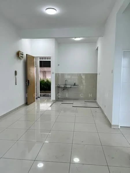 Room features: white painted walls, glossy ceramic tile flooring, recessed ceiling lights, single-bowl stainless-steel sink, wall-mounted faucet, kitchen countertop with backsplash, door leading outside, window with view of greenery, air conditioning unit, telephone intercom, open layout; style: modern; view: garden.