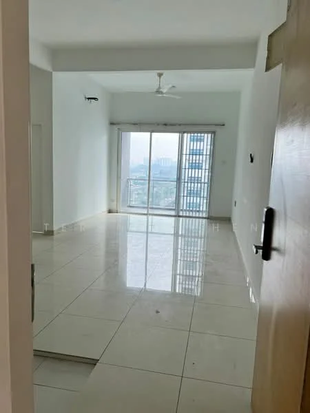 Room features: white painted walls, polished tile flooring, floor-to-ceiling windows, sliding glass door, ceiling fan, natural light, city view; style: modern; view: city.