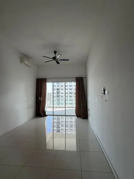 Living features: white painted walls, glossy tile flooring, 5-blade ceiling fan with light, floor-to-ceiling windows, sliding glass door, curtains, air conditioning unit, reflected light on floor; style: modern; view: city.