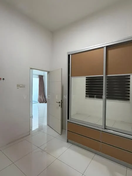Room features: white painted walls, glossy white tile flooring, sliding glass door, built-in wardrobe with sliding doors, brown and cream cabinetry, window with horizontal blinds, door with modern handle, natural light from window; style: modern.