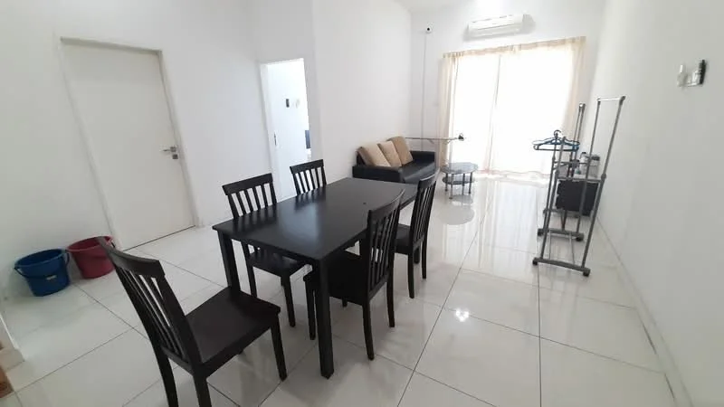 Dining features: black dining table, 4 black dining chairs, white walls, glossy white tile flooring, recessed downlights, air conditioning unit on wall, large window with sheer curtains, sofa in beige fabric, clothes rack, two waste bins; style: modern.