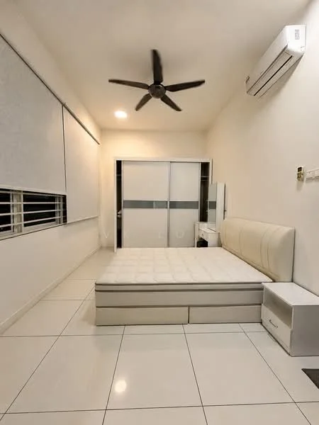 Bedroom features: white painted walls, white tiled flooring, 5-blade ceiling fan, wall-mounted split AC, queen-size bed with upholstered headboard, built-in wardrobe with sliding doors, nightstand, large windows with blinds; style: modern.