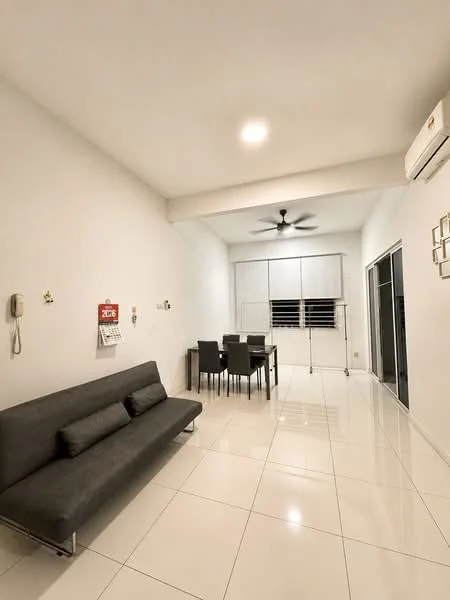 Living features: grey fabric sofa, 4-seater dining table, black dining chairs, white painted walls, glossy white tile flooring, recessed downlights, 5-blade ceiling fan, wall-mounted air conditioning unit, sliding glass door, window with horizontal blinds; style: modern.