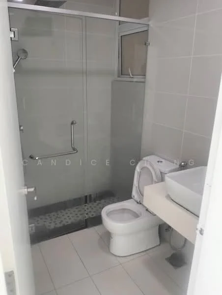 Bathroom features: walk-in shower with glass enclosure, rain shower head, handheld shower, single-sink vanity with countertop, white toilet, tile flooring, white tiled walls, mirror above vanity, grab bar, window for natural light; style: modern.