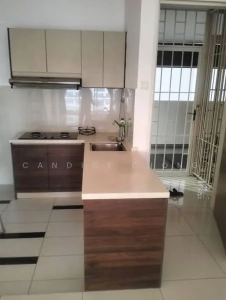 Kitchen features: L-shaped kitchen layout, brown wooden cabinetry, light-colored countertop, stainless-steel sink, chrome pull-down faucet, 4-burner gas hob, built-in oven, white tiled backsplash, ceramic tile flooring, sliding glass door, open layout, window with security grille; style: modern.