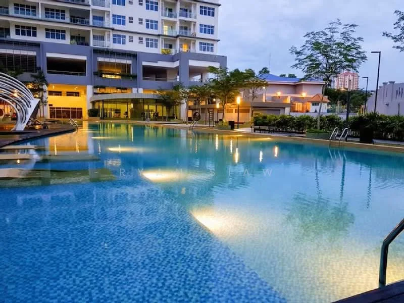 Exterior type: swimming pool deck; features: infinity pool, pool deck with loungers, landscaped garden, outdoor lighting, surrounding trees, modern architecture, water feature, paved walkway; style: modern.
