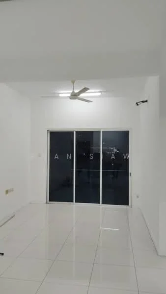 Room features: white painted walls, glossy white tile flooring, 5-blade ceiling fan, sliding glass door, floor-to-ceiling windows, neutral color scheme; style: modern.