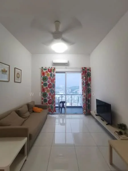 Living features: 3-seater fabric sofa in beige, coffee table, wall-mounted TV, floor-to-ceiling windows, sliding glass door, sheer curtains, recessed downlights, white painted walls, glossy tile flooring, ceiling fan; style: modern; view: city.