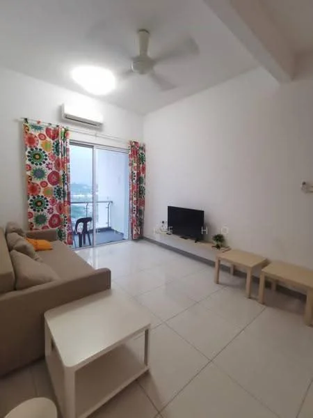Living features: beige fabric sofa, 2 wooden side tables, white coffee table, wall-mounted TV, TV console, floor-to-ceiling windows, sheer curtains with floral pattern, white painted walls, ceiling fan, air conditioning unit, tile flooring; style: modern; view: city.