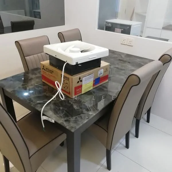 Dining features: 4-seater dining table, marble tabletop, beige upholstered dining chairs, box fan on table, white walls, tile flooring; style: modern.