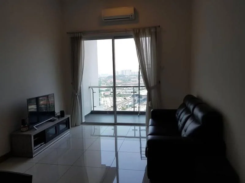Living features: black leather sofa, flat-screen TV, TV console, floor-to-ceiling windows, sliding glass door, sheer curtains, white painted walls, glossy tile flooring, wall-mounted air conditioning unit, city view; style: modern; view: city.