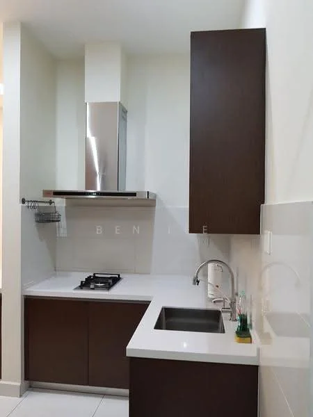 Kitchen features: single-bowl stainless-steel sink, chrome pull-down faucet, white quartz countertop, dark wood cabinetry, built-in gas hob, stainless-steel range hood, white tiled backsplash, white tiled flooring, wall-mounted storage rack; style: modern.