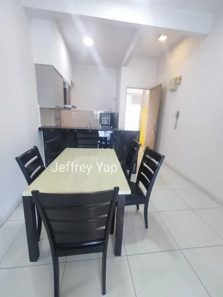Dining features: 4-seater dining table with light-colored top, black wooden dining chairs, white tiled flooring, grey cabinetry, black countertop, built-in kitchen appliances, recessed downlights, wall-mounted air conditioning unit, open layout to kitchen, doorway leading to hallway; style: modern.