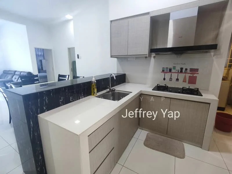 Kitchen features: single-bowl stainless-steel sink, chrome pull-down faucet, black granite countertop, light wood cabinetry, built-in gas hob, stainless-steel range hood, white tiled backsplash, white tiled flooring, recessed downlights, open shelving, kitchen island with seating, wall-mounted cabinets; style: modern.