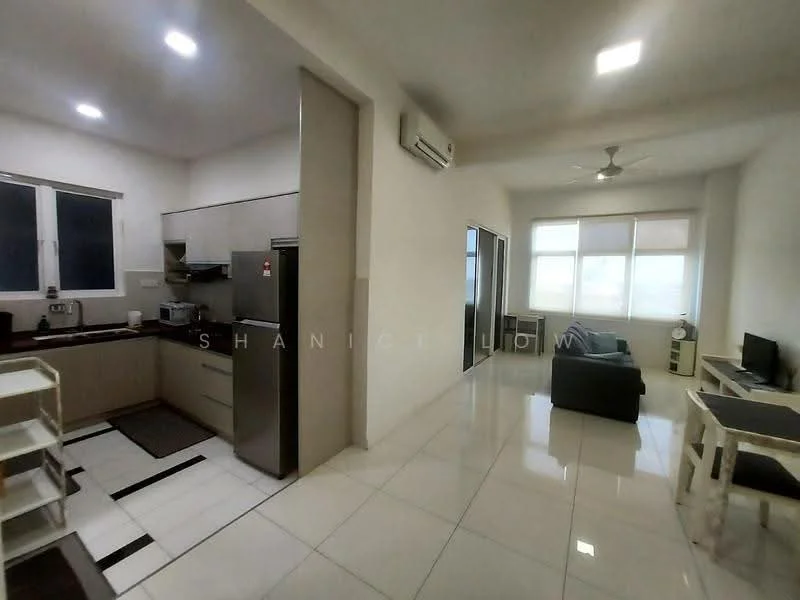 Kitchen features: white cabinets, black countertop, stainless-steel fridge, built-in oven, 4-burner gas hob, double-bowl stainless-steel sink, chrome pull-down faucet, ceramic tile flooring, white walls, recessed downlights; style: modern. Living features: 3-seater fabric sofa in grey, coffee table, TV console, wall-mounted TV, white walls, ceramic tile flooring, ceiling fan, large windows, natural light; style: modern.