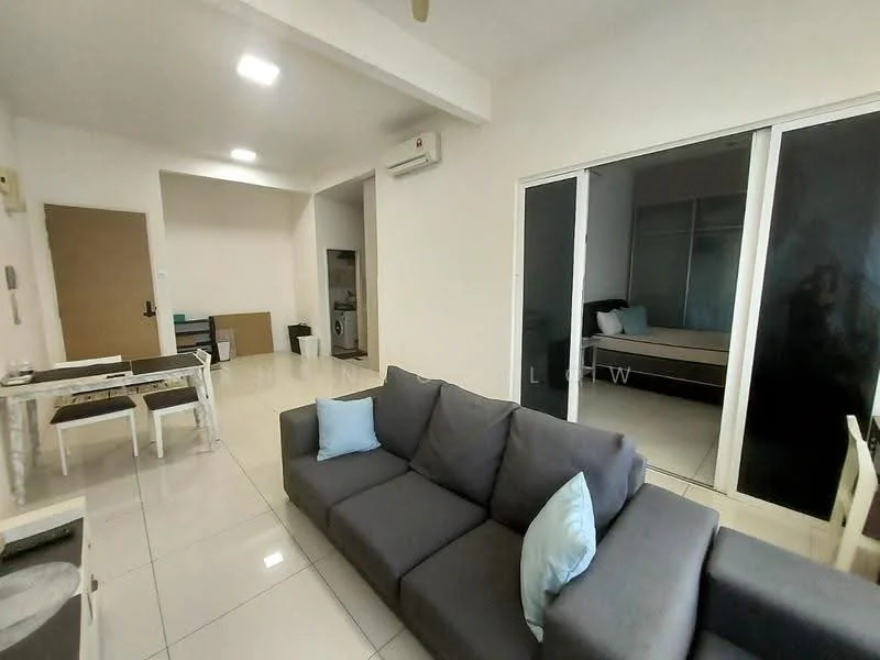 Living features: grey fabric sofa, 2 light blue throw pillows, white walls, glossy white tile flooring, recessed LED downlights, wall-mounted split AC, floor-to-ceiling sliding glass doors, open layout, dining table with white chairs, visible laundry area in background; style: modern. Room features: white walls, glossy white tile flooring, recessed LED downlights, doorway leading to another room.