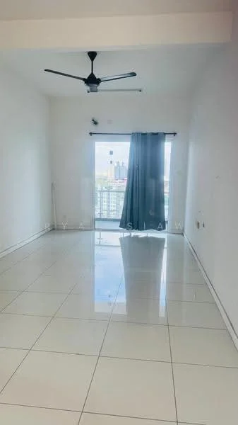 Living features: white painted walls, glossy ceramic tile flooring, 5-blade ceiling fan, floor-to-ceiling windows, sliding glass door, grey curtains, city view, natural light; style: modern; view: city.