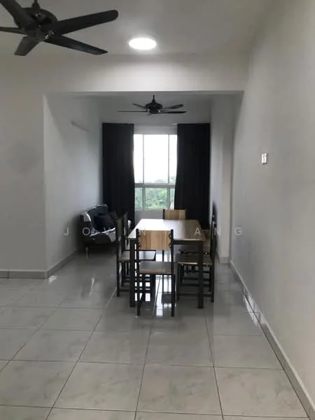 Dining features: 6-seater dining table, black dining chairs, white walls, grey tiled flooring, floor-to-ceiling windows, blackout curtains, 2 ceiling fans with light, sofa in black leather, decorative wall light, natural light from windows; style: modern; view: garden.