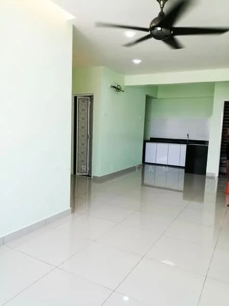 Living features: light green painted walls, glossy ceramic tile flooring, 5-blade ceiling fan, recessed downlights, sliding glass door, kitchen area with white cabinetry, black countertop, open layout; style: modern.