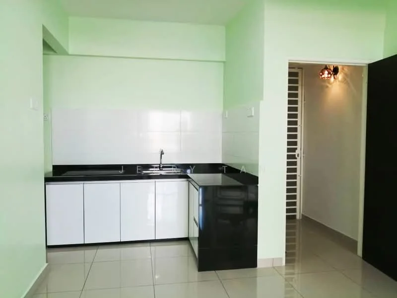 Kitchen features: green painted walls, white tiled backsplash, black granite countertop, white cabinetry, single-bowl stainless-steel sink, chrome pull-down faucet, ceramic tile flooring, recessed downlights; style: modern.