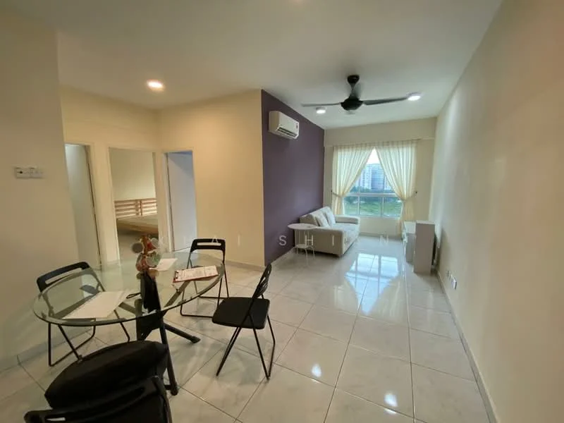 Living features: white painted walls, purple accent wall, marble tile flooring, 5-blade ceiling fan with light, floor-to-ceiling windows, sheer curtains, sofa, coffee table, air conditioning unit; style: modern; view: city. Room features: dining table with chairs, open layout.