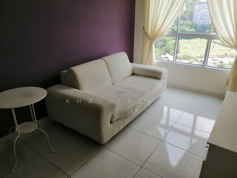 Living features: white fabric sofa, white side table, purple accent wall, floor-to-ceiling window, sheer curtains, glossy tile flooring, natural light, view of greenery; style: modern; view: garden.