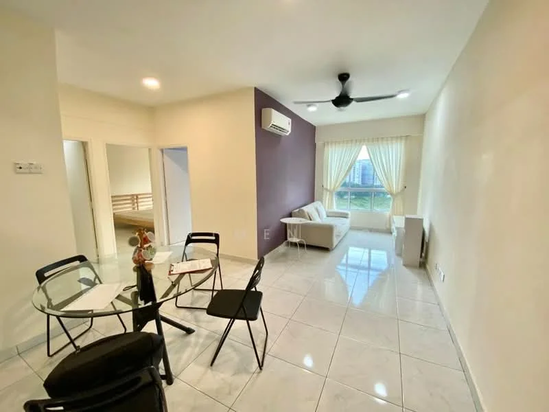 Living features: white painted walls, grey accent wall, glossy ceramic tile flooring, 5-blade ceiling fan with light, floor-to-ceiling window, sheer curtains, sofa, air conditioning unit, coffee table, dining table with 4 chairs; style: modern; view: city.