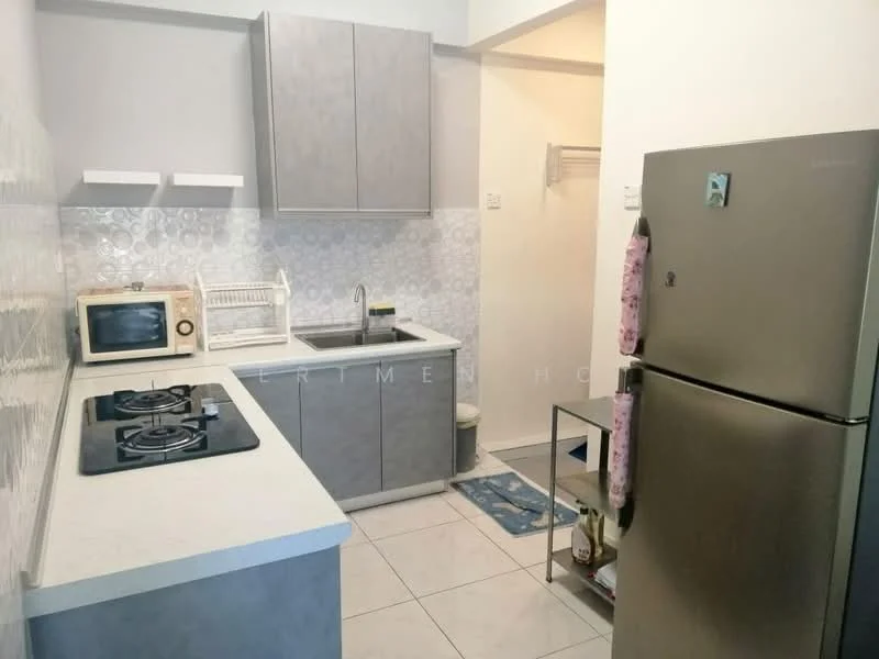 Kitchen features: grey cabinetry, white countertop, double-bowl stainless-steel sink, chrome pull-down faucet, built-in gas hob with 2 burners, microwave, stainless-steel fridge, tile backsplash with circular pattern, ceramic tile flooring, wall-mounted dish rack, kitchen towel rack, open shelving; style: modern.