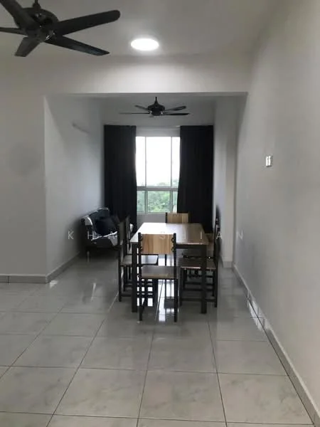 Dining features: rectangular wooden dining table, 6 dining chairs, floor-to-ceiling windows, blackout curtains, white painted walls, polished ceramic tile flooring, 2 ceiling fans, light fixture, sofa, green view from window; style: modern; view: garden.