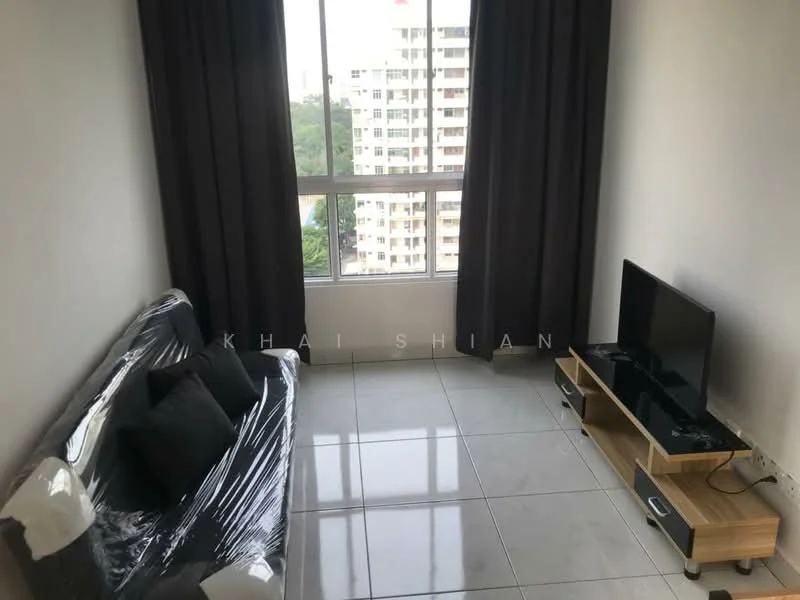 Living features: 3-seater fabric sofa in grey with black cushions, TV console in light wood with storage, wall-mounted TV, floor-to-ceiling windows, grey curtains, glossy white tile flooring, neutral painted walls, city view; style: modern; view: city.
