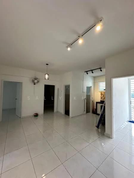 Room features: white painted walls, glossy white tile flooring, recessed LED downlights, ceiling fan, multiple doorways, large windows, open layout, natural light; style: modern.