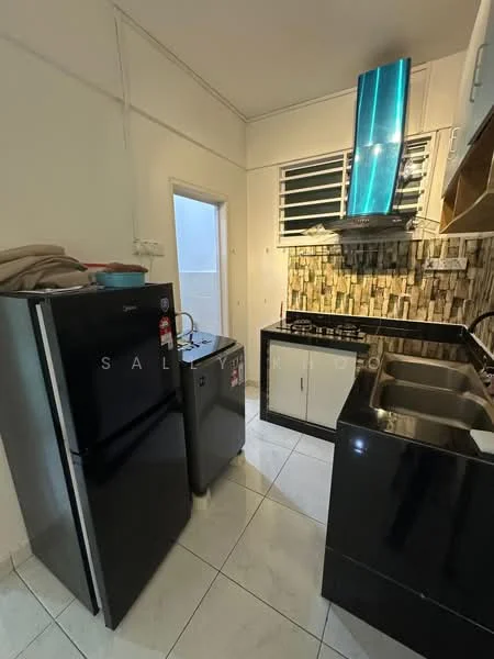 Kitchen features: black cabinetry, white countertop, double-bowl stainless-steel sink, chrome pull-down faucet, stainless-steel range hood, black refrigerator, grey washing machine, tile backsplash with stone pattern, white tiled flooring, window with horizontal slats; style: modern.