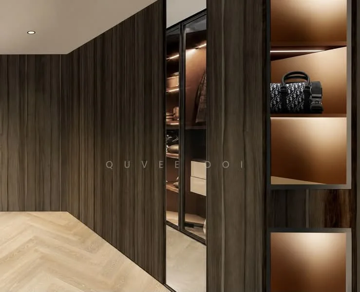 Room features: wood paneling on walls, mirrored wall section, built-in shelving with warm lighting, herringbone patterned flooring, recessed ceiling lights, dark wood cabinetry, clothing storage, decorative items on shelves; style: modern.