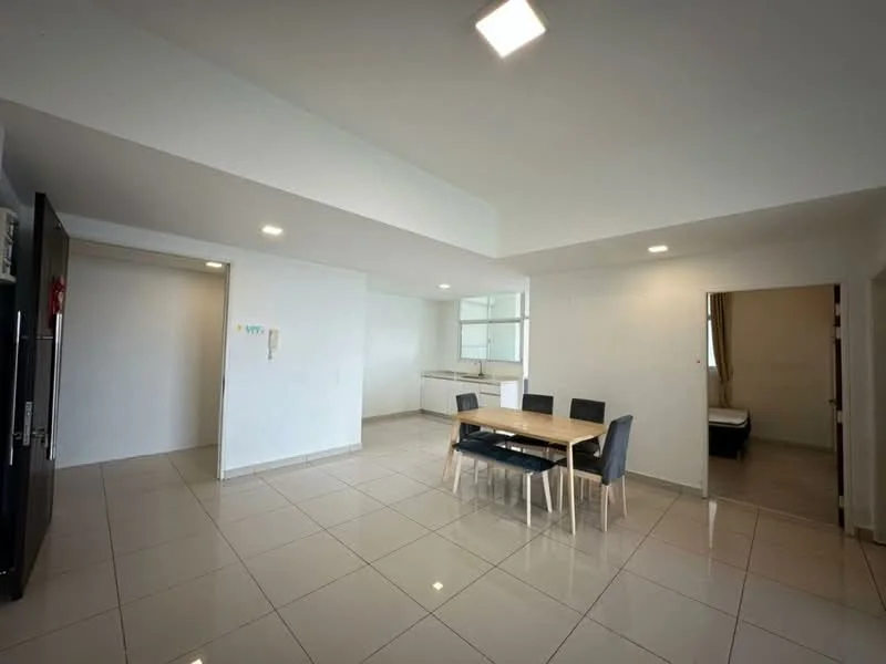 Dining features: rectangular dining table with 6 chairs, white walls, recessed downlights, glossy tile flooring, open layout, kitchen area visible in background, doorway leading to bedroom, large window with natural light; style: modern. Room features: white walls, glossy tile flooring, recessed downlights.